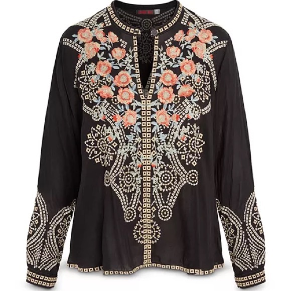 Johnny Was Tops - Johnny Was Embellished Black Floral Embroidered Button Front Blouse